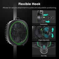 Vivosun AeroWave D4 grow tent clip fan with flexible, detachable, angle-adjustable, non-slip hook for pole attachment.