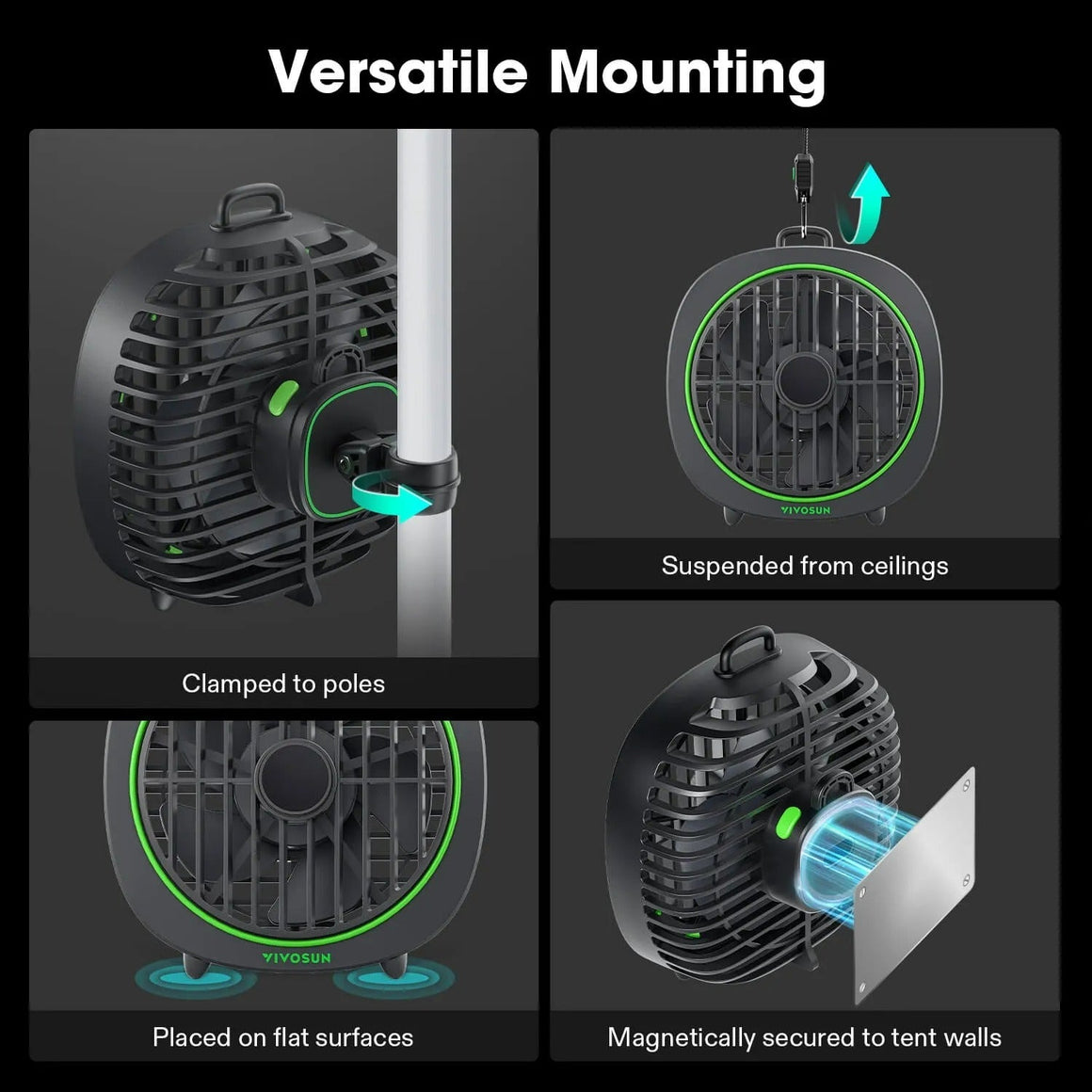 Vivosun AeroWave D4 fan (black/green) showing versatile mounting: clamp to poles, suspend, place, or magnetic.