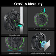 Vivosun AeroWave D4 fan (black/green) showing versatile mounting: clamp to poles, suspend, place, or magnetic.