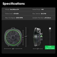 Black & green Vivosun AeroWave D4 grow tent clip fan. Specs: 4W, 85 CFM,

  
  
 <35 dBA. Shows fan dimensions & USB cable.