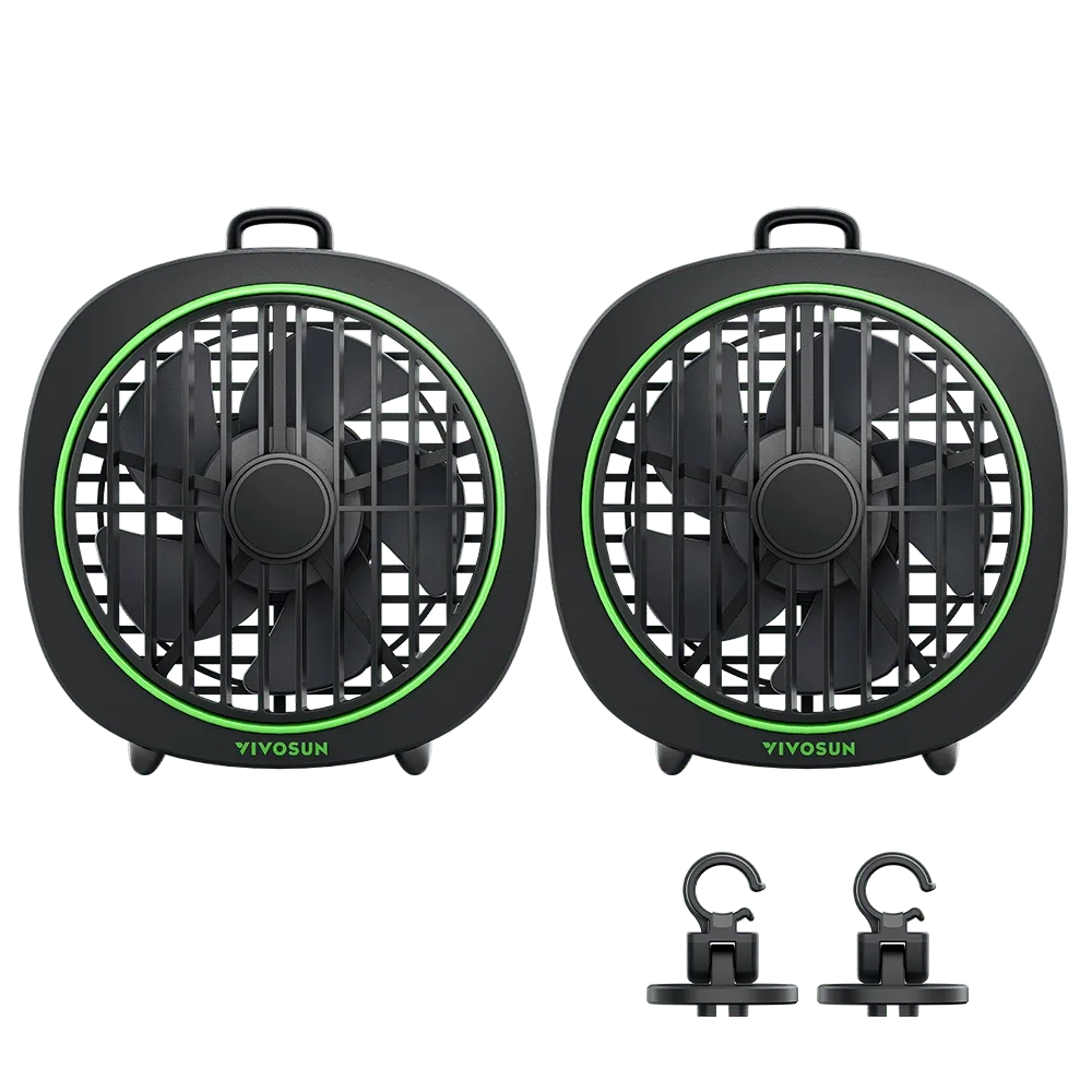 Two VIVOSUN AeroWave D4 black clip-on grow tent fans with green trim, blades, grilles, and two mounting hooks.