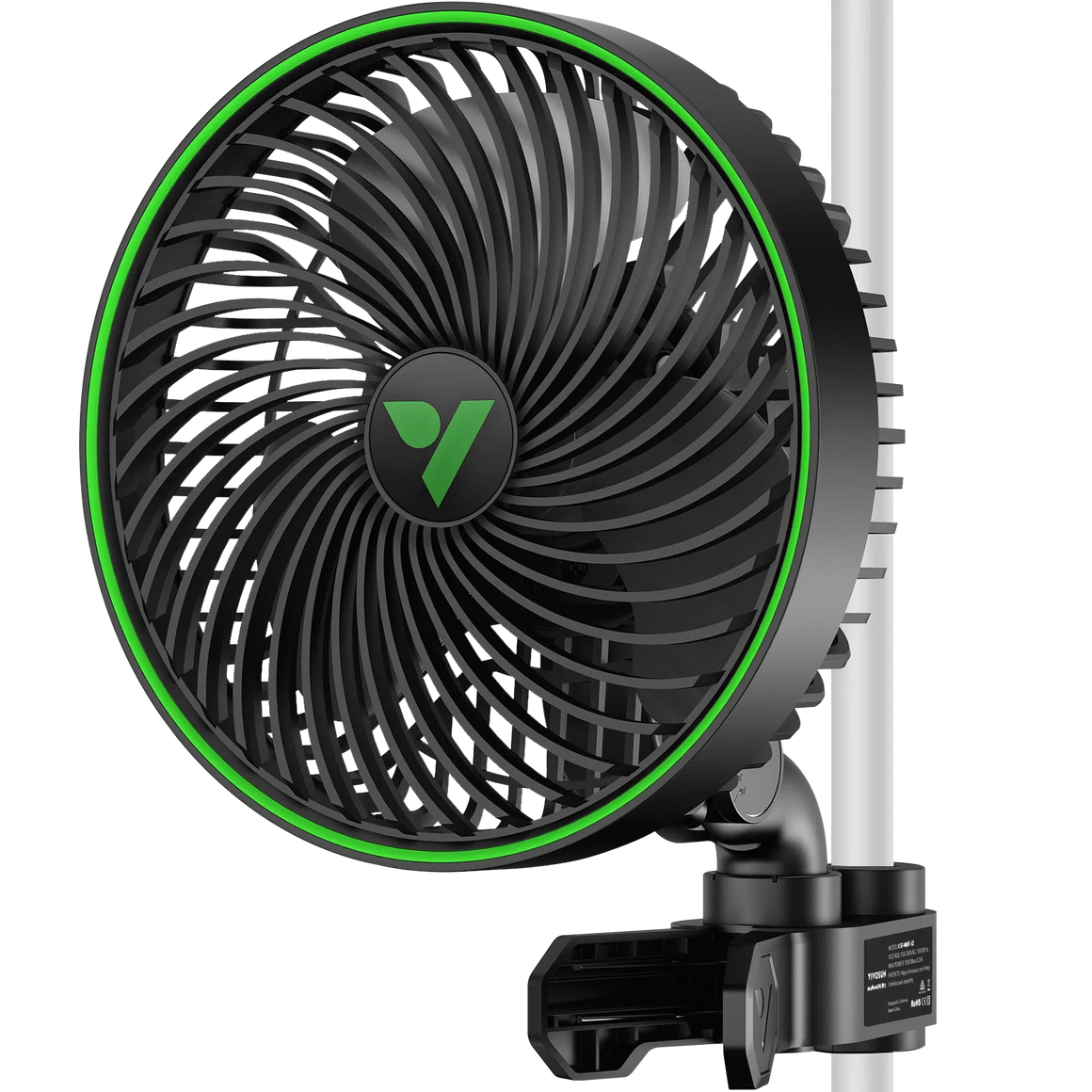 Black grow tent clip fan with a green ring, swirling guard, and V-shaped logo, clamped onto a white pole.