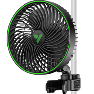 Black grow tent clip fan with a green ring, swirling guard, and V-shaped logo, clamped onto a white pole.