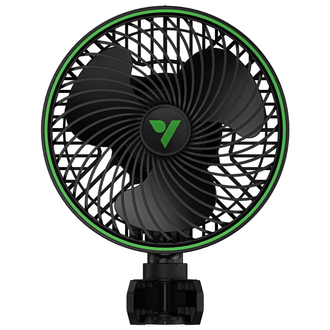 Black Vivosun AeroWave E6 Gen2 grow tent clip fan with a green rim and logo on a black background.
