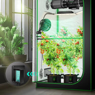Vivosun AeroWave E6 Gen2 grow tent with ripening cherry tomato plants, internal clip fan, LED light, and power supply.