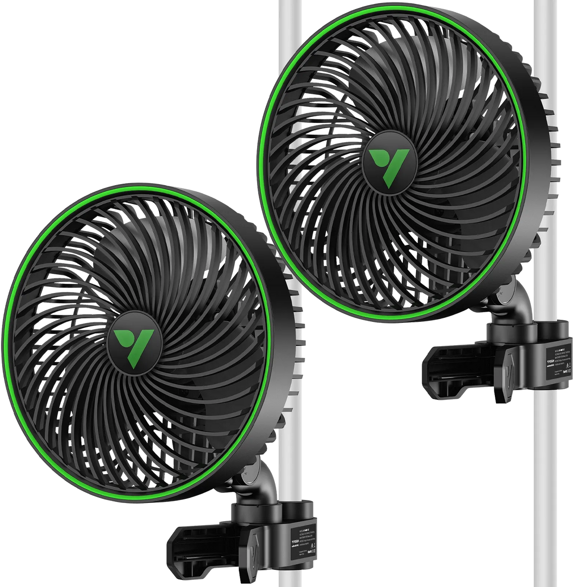 Two Vivosun AeroWave E6 Gen2 black grow tent clip fans (2-pack) with green accents, mounted on white poles.