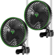 Two Vivosun AeroWave E6 Gen2 black grow tent clip fans (2-pack) with green accents, mounted on white poles.