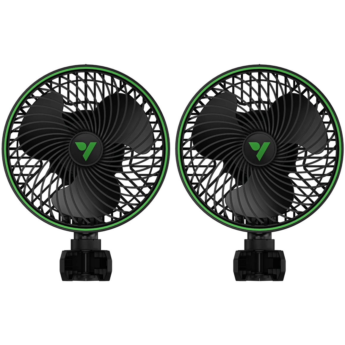 Two Vivosun AeroWave E6 Gen2 black clip-on fans with green trim and logo for grow tents.