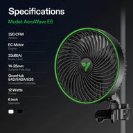 AeroWave E6 clip-on fan for grow tents, black with green accents, listing 320 CFM airflow & 33dB noise.
