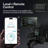 Vivosun AeroWave clip fan controls: smartphone app (GrowHub E42A) for scheduling & remote control, plus digital controller showing temp, humidity, VPD.