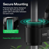 Black Vivosun AeroWave E6 Gen2 clip fan clamping securely to a grow tent pole with its patented anti-slip grip.