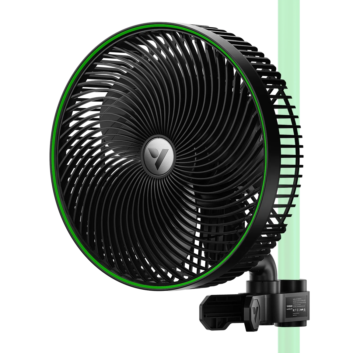 Vivosun AeroWave E9 black clip fan with green ring, clamped to a green grow tent pole for optimal airflow.