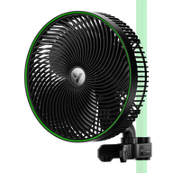 Vivosun AeroWave E9 black clip fan with green ring, clamped to a green grow tent pole for optimal airflow.