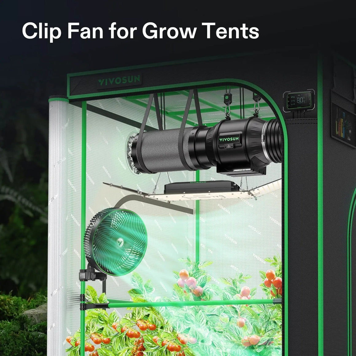 Vivosun grow tent interior with a green clip fan, inline fan, LED grow light, and plants growing tomatoes.