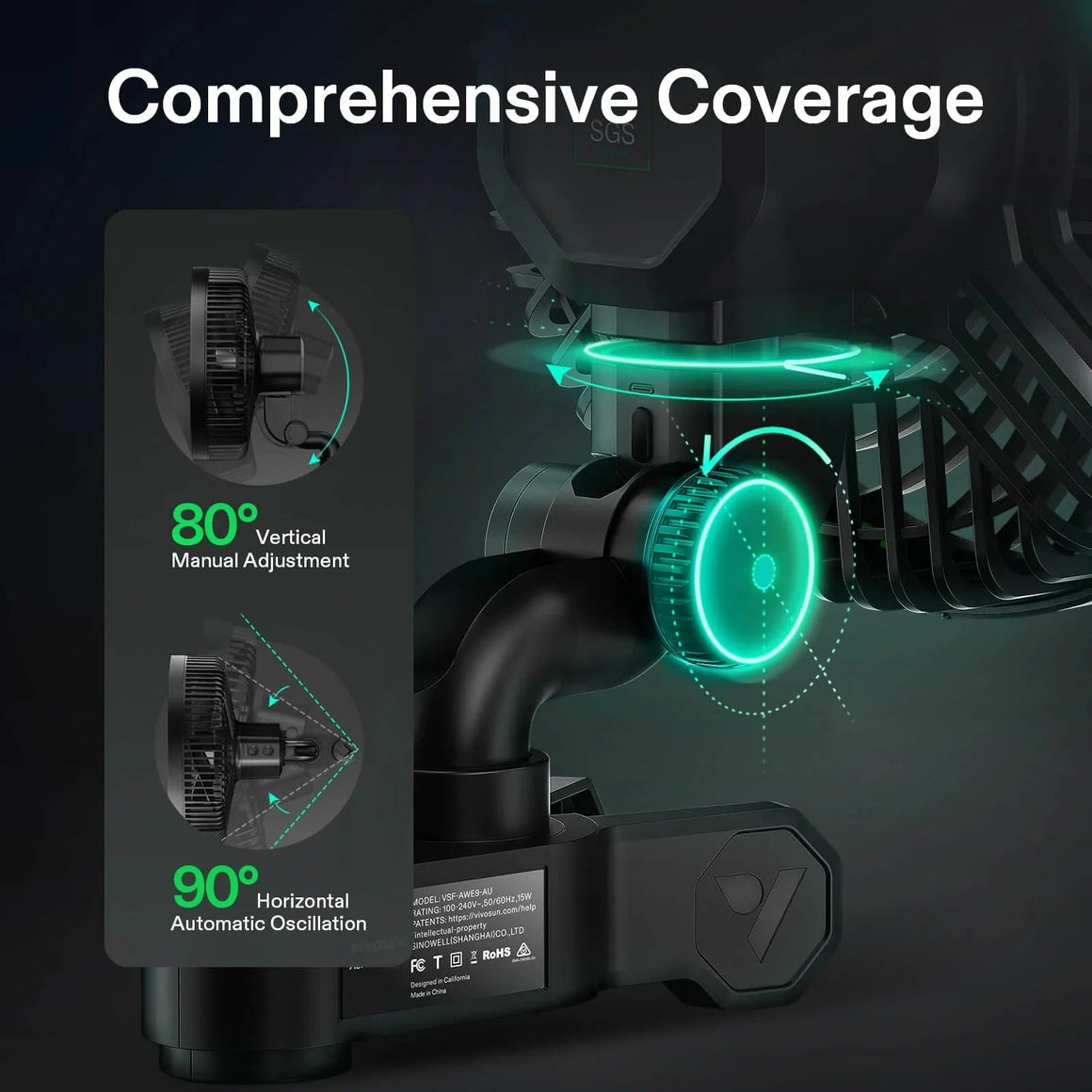 Vivosun AeroWave E9 clip fan for grow tents, showing comprehensive coverage with 80° vertical and 90° horizontal oscillation.