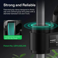VIVOSUN AeroWave E9 grow tent clip fan's patented grip clamp shown on a pole, highlighting anti-slip contact surface.