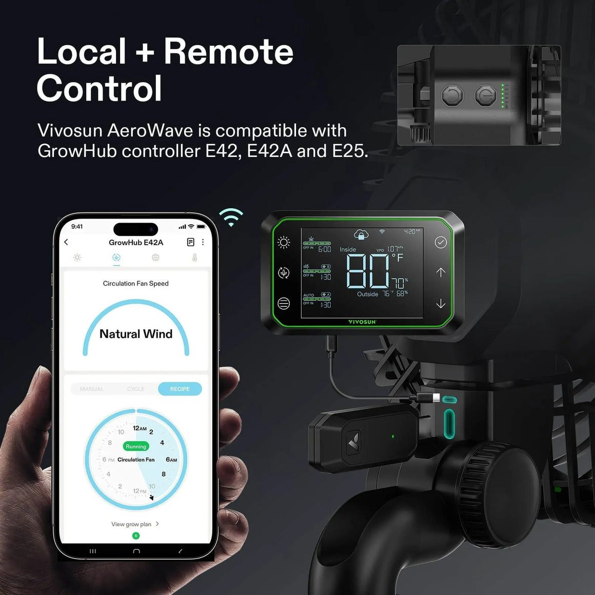 Vivosun AeroWave circulation fan, GrowHub E42A controller, and smartphone app for remote & local climate control.