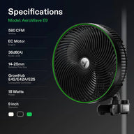 Black Vivosun AeroWave E9 grow tent clip fan with green ring, and detailed specifications: 580 CFM, 36dB, 9 inch.