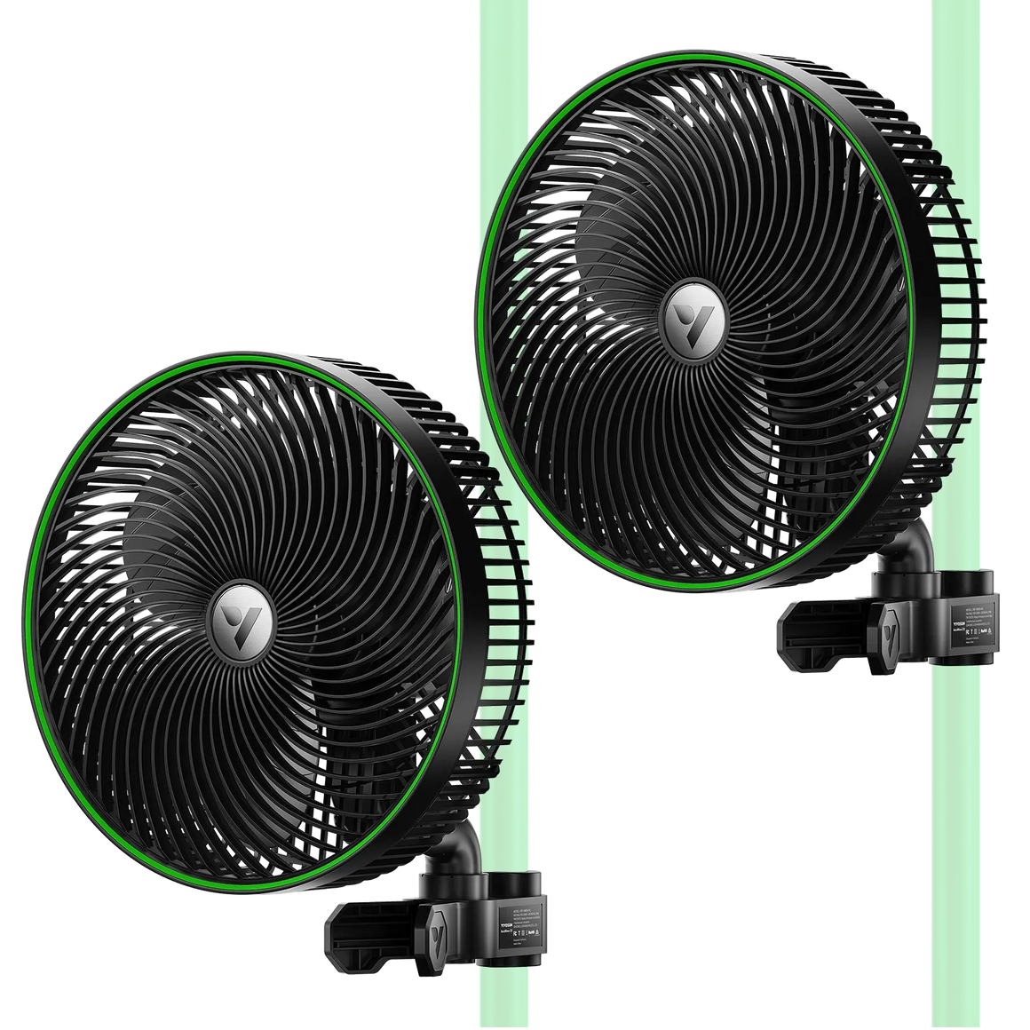 Two black Vivosun AeroWave E9 grow tent clip fans with green rims, mounted on green vertical poles against a black background.