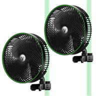 Two black Vivosun AeroWave E9 grow tent clip fans with green rims, mounted on green vertical poles against a black background.