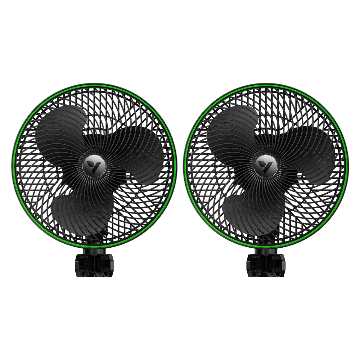 Two black grow tent clip-on fans, each with a bright green outer ring, black blades, and a central logo.
