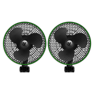 Two black grow tent clip-on fans, each with a bright green outer ring, black blades, and a central logo.