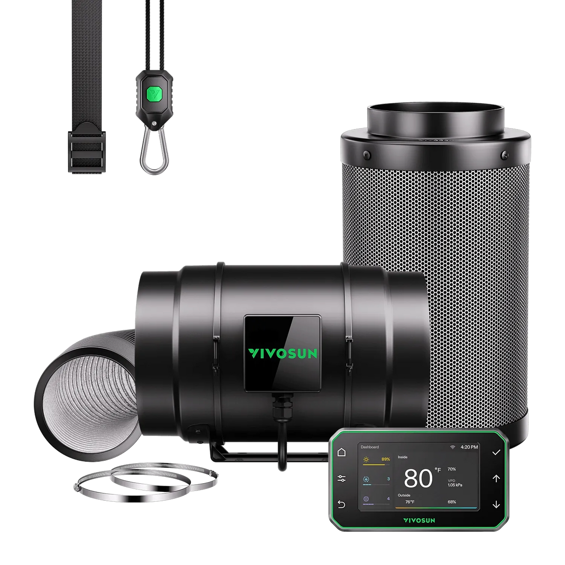 Vivosun inline fan, carbon filter, ducting, clamps, controller, and adjustable straps on black background.