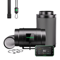 Vivosun inline fan, carbon filter, ducting, clamps, controller, and adjustable straps on black background.