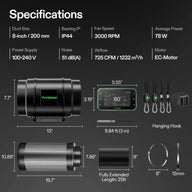 VIVOSUN G6i inline fan specs: 8-inch duct, 725 CFM airflow, 3000 RPM fan speed, 78W power.