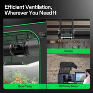 VIVOSUN inline fan and ducting in grow tents, garages, and 3D printing setups.