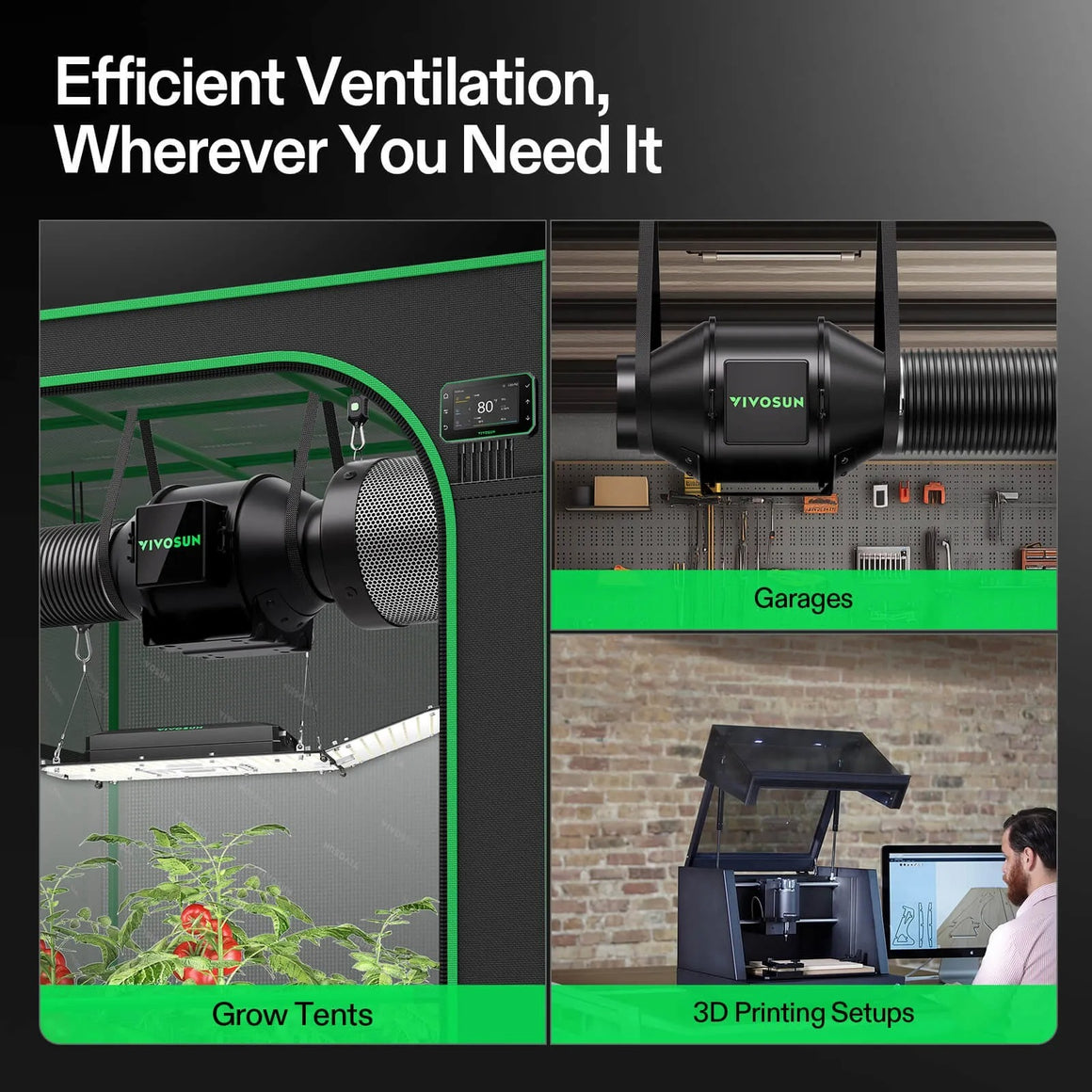 VIVOSUN inline duct fan system for grow tents, garages, and 3D printing setups.