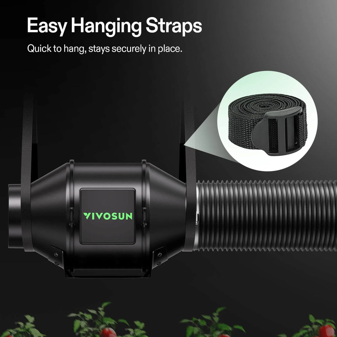 Black Vivosun inline fan with flexible ducting, attached by straps. Includes inset image of a rolled strap.