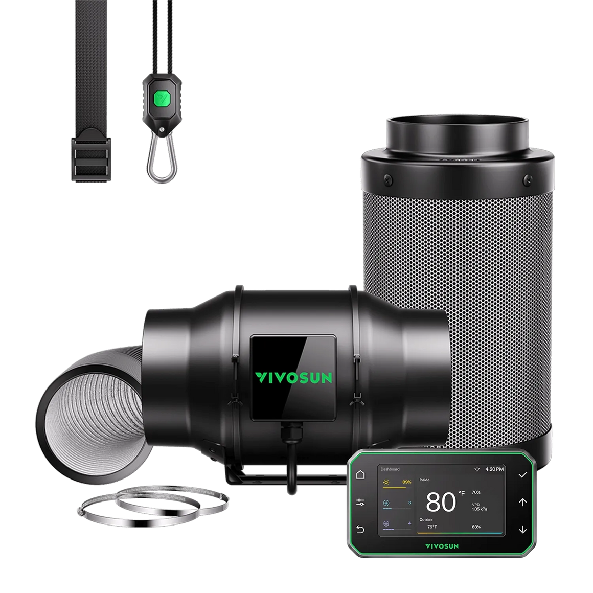 VIVOSUN carbon filter kit with inline fan, ducting, controller, and hangers on black background.