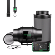 VIVOSUN carbon filter kit with inline fan, ducting, controller, and hangers on black background.