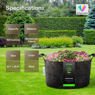 VIVOSUN 100 gallon black fabric grow bags with pink and purple flowers, measuring 19.7