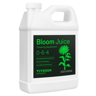 A white jug of Vivosun Bloom Juice flowering supplement, with a green label featuring a sunflower graphic and text.
