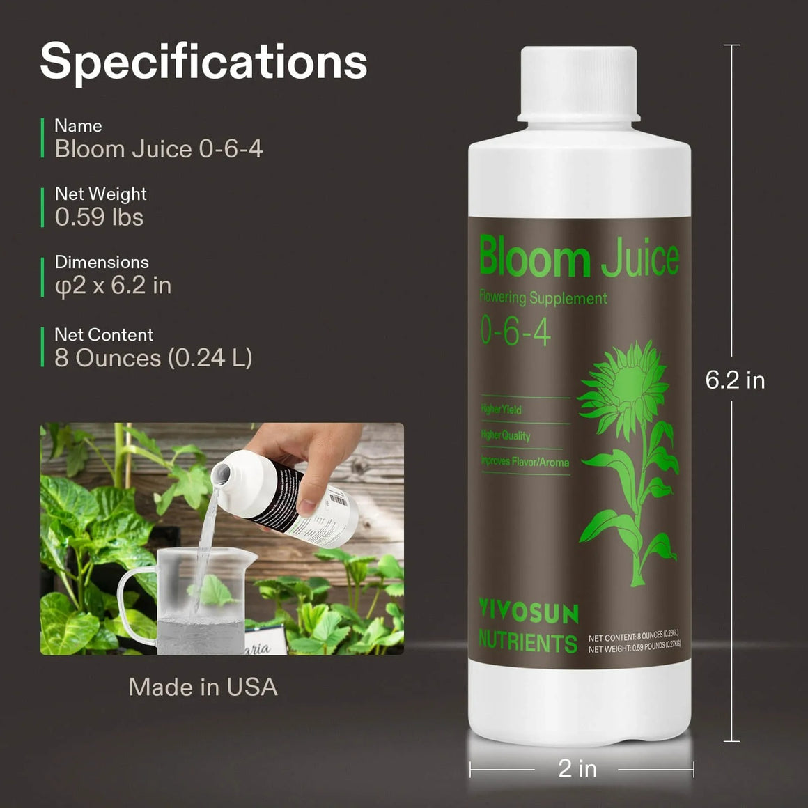 Vivosun Bloom Juice flowering supplement bottle and specs. Made in USA.