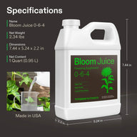 Vivosun Bloom Juice 0-6-4 plant supplement bottle with measurements.