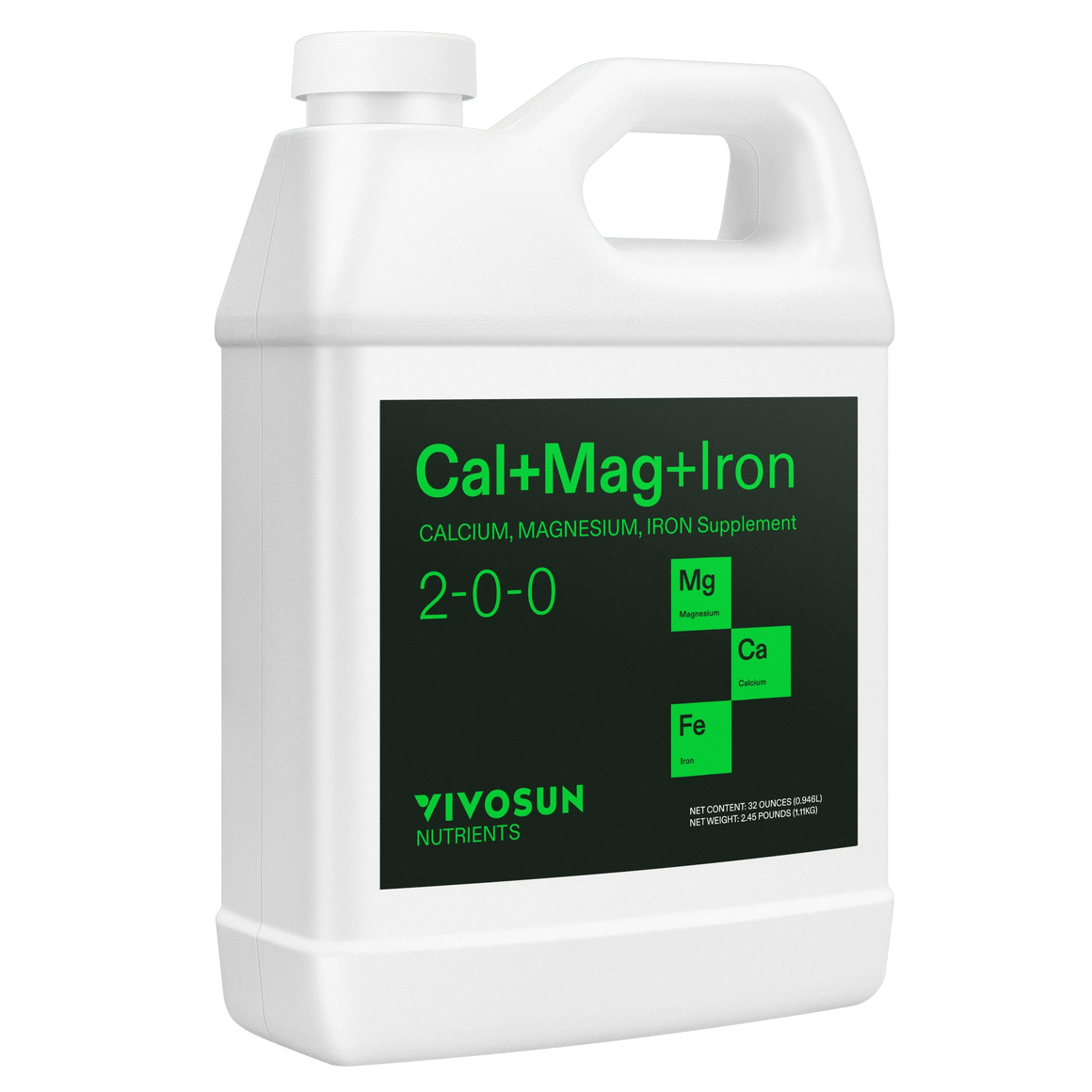 Vivosun Cal+Mag+Iron fertilizer bottle, with 2-0-0 NPK ratio, showcasing Magnesium, Calcium, and Iron elements.
