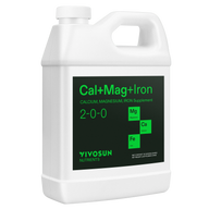 Vivosun Cal+Mag+Iron fertilizer bottle, with 2-0-0 NPK ratio, showcasing Magnesium, Calcium, and Iron elements.