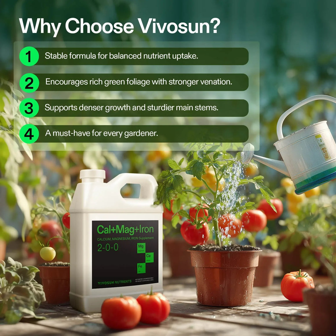 Bottle of Vivosun Cal+Mag+Iron fertilizer being poured onto tomato plants, highlighting growth benefits.