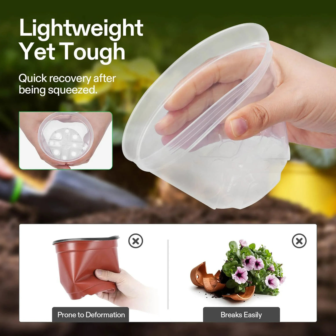 Vivosun clear nursery pots, lightweight, tough, with quick recovery after squeezing.