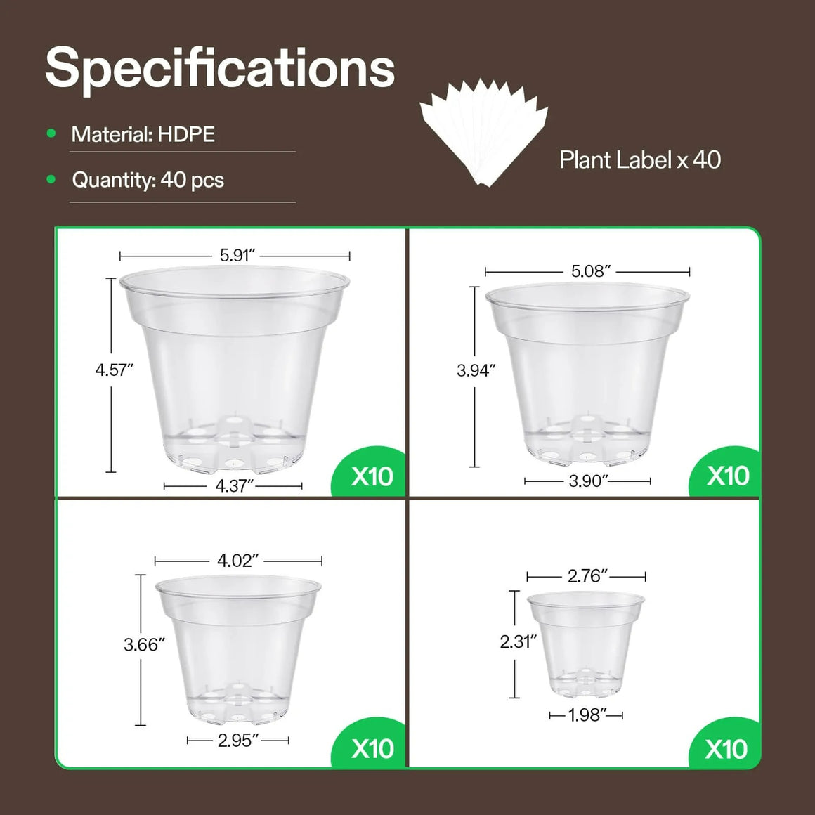 Clear Vivosun nursery pots in 4 sizes, with dimensions and plant labels.