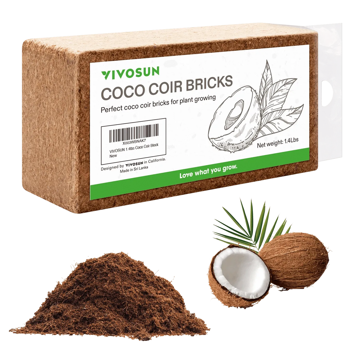 VIVOSUN coco coir brick for plant growing, with coconuts and loose coir fiber.