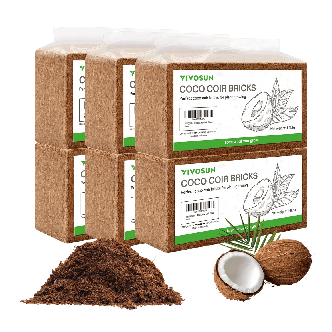 VIVOSUN coco coir bricks, composted coconut fiber, for plant growing, with coconuts.