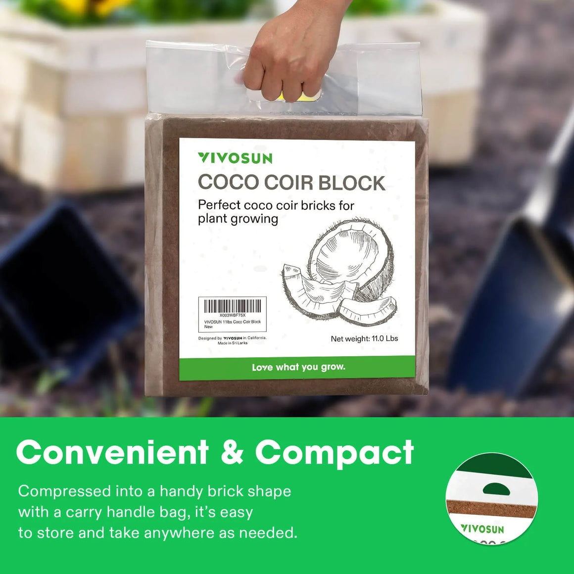 VIVOSUN 11lbs Coco Coir Block for plant growing, in a convenient brick shape with a carry handle bag.