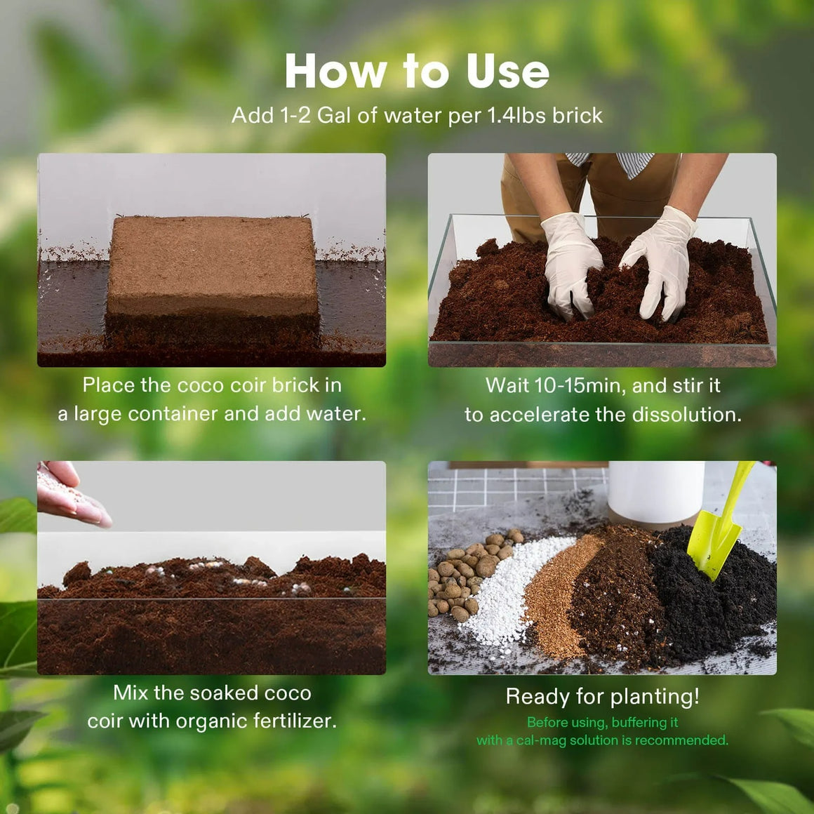 How to use Vivosun coco coir brick: add water, stir, mix with fertilizer, and prepare for planting.