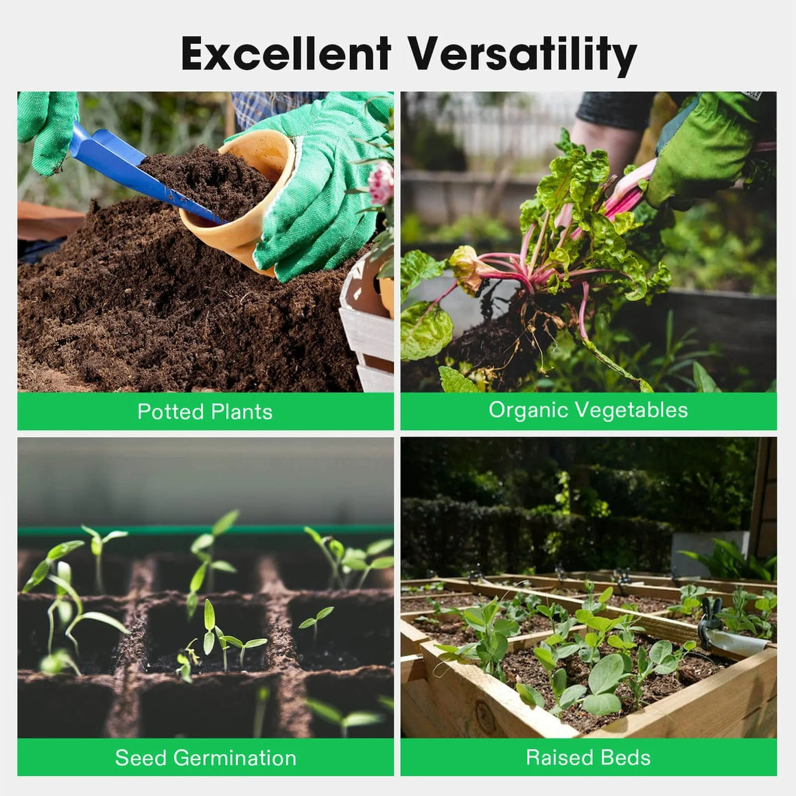 Gardening montage: Potted plants, organic vegetables, seed germination, and raised beds, showcasing versatile soil use.