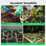 Gardening montage: Potted plants, organic vegetables, seed germination, and raised beds, showcasing versatile soil use.