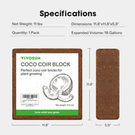 Vivosun 11lb coco coir brick package with specifications, coconut illustration, and side view dimensions.